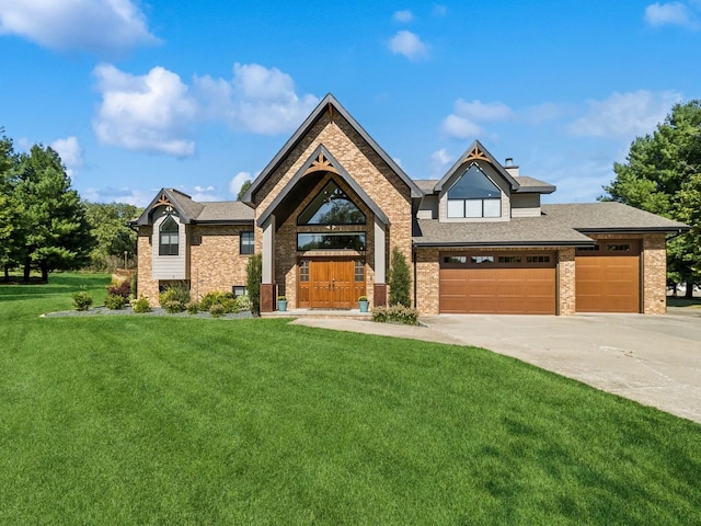 view of front of home featuring brick siding, concrete driveway, roof with shingles, an attached garage, and a front yard