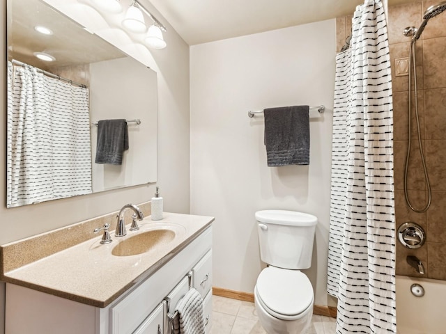 bathroom with shower / bathtub combination with curtain, toilet, vanity, tile patterned flooring, and baseboards