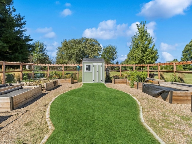 view of yard featuring a shed, a vegetable garden, a fenced backyard, and an outbuilding