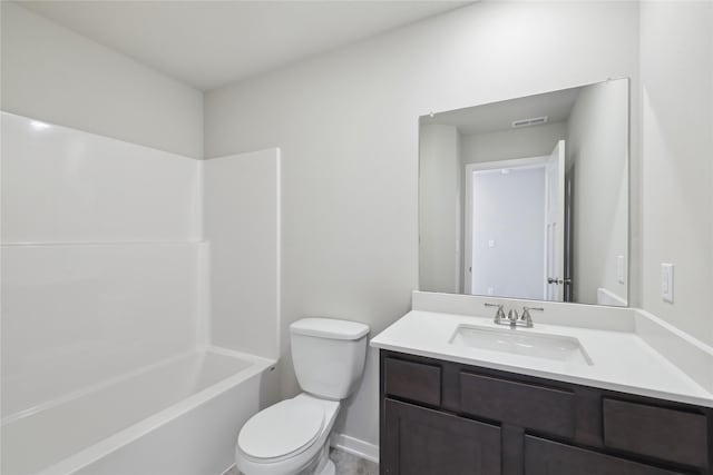 full bathroom featuring toilet, shower / bathing tub combination, and vanity