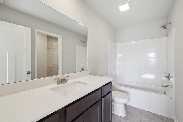 full bathroom featuring bathtub / shower combination, toilet, and vanity