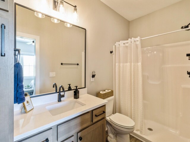 bathroom with vanity, a shower with curtain, and toilet