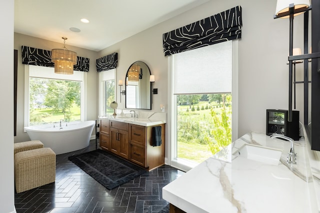 bathroom with a wealth of natural light, vanity, and a bathing tub