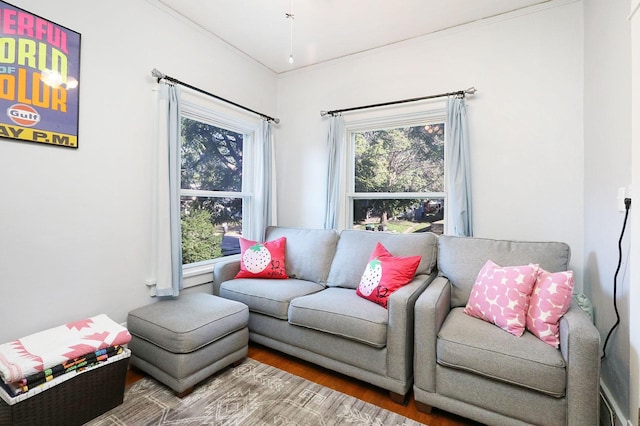 living room featuring hardwood / wood-style floors and crown molding