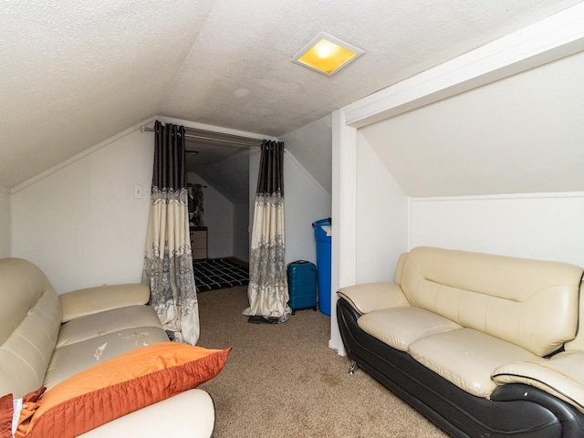 bonus room with a textured ceiling, carpet, and lofted ceiling