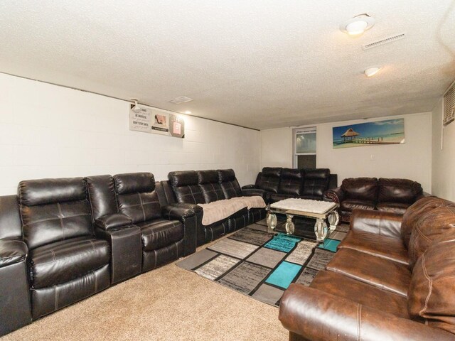 5820 Urbandale Ave, Des Moines, IA 50322 - living area with a textured ceiling, concrete block wall, and carpet