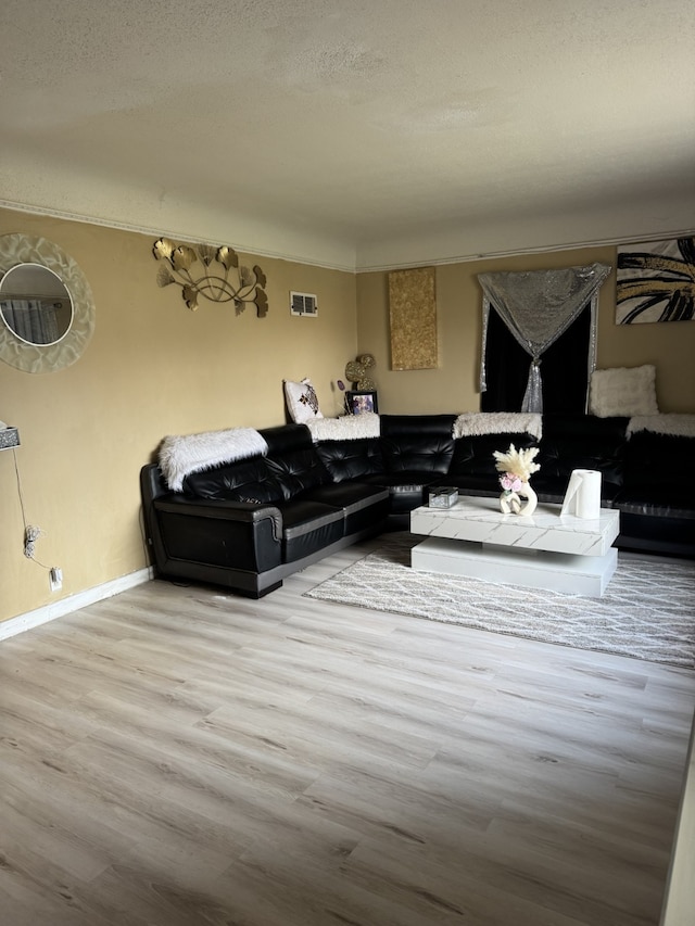 living room with a textured ceiling and light wood-type flooring