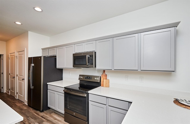 kitchen with gray cabinets, dark hardwood / wood-style floors, and appliances with stainless steel finishes