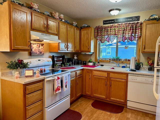 kitchen featuring a textured ceiling, light wood-type flooring, white appliances, and sink