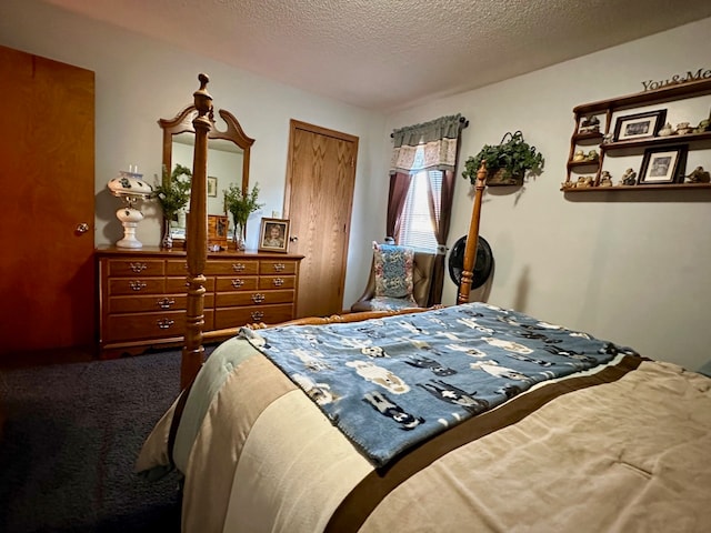 bedroom with carpet flooring, a textured ceiling, and a closet