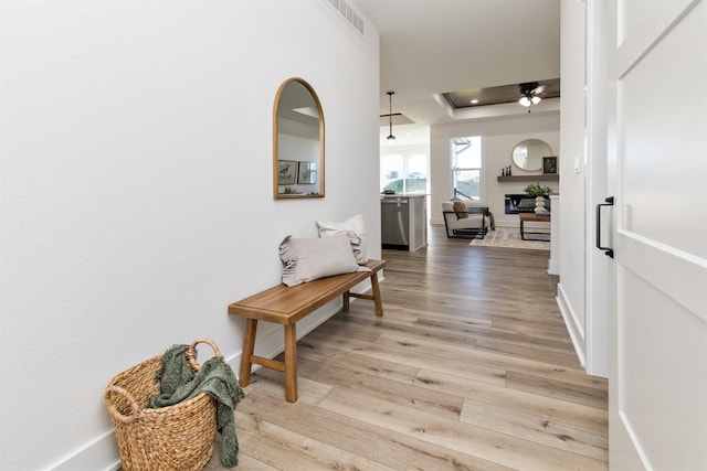 hall with hardwood / wood-style floors and a tray ceiling