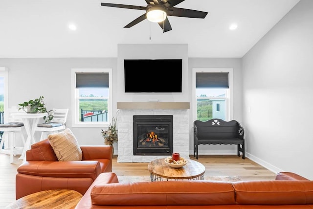 living room featuring a fireplace, light hardwood / wood-style floors, and a wealth of natural light