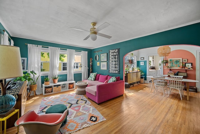 living room with crown molding, ceiling fan, and light hardwood / wood-style floors