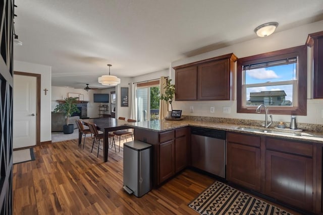 kitchen featuring dark wood finished floors, a sink, a peninsula, and stainless steel dishwasher