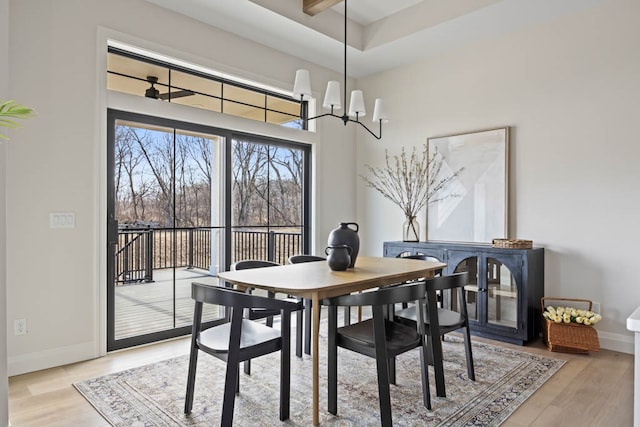 dining space with an inviting chandelier and light wood-type flooring