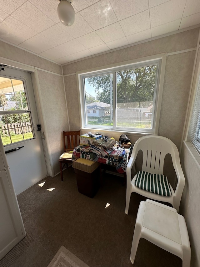 interior space featuring dark carpet