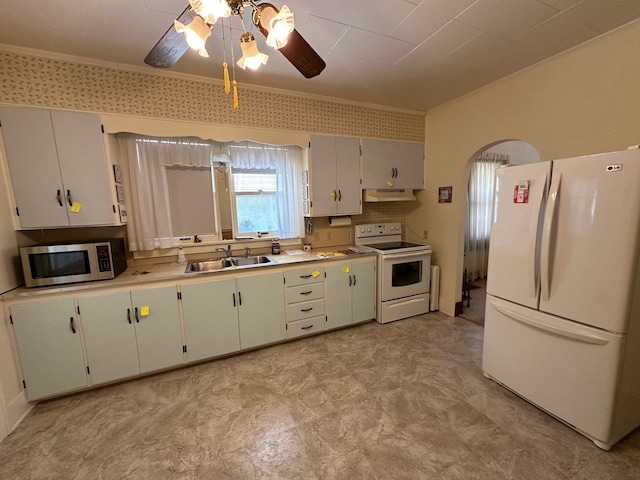 kitchen featuring crown molding, ceiling fan, sink, and white appliances