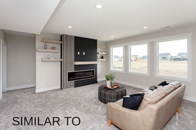 living room with light colored carpet