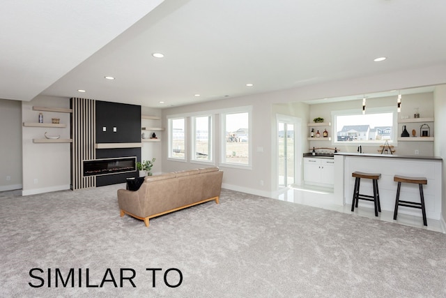 living room with light colored carpet