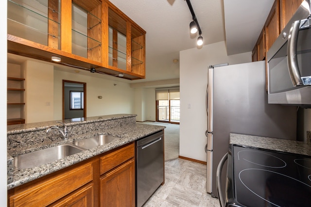 kitchen with appliances with stainless steel finishes, light colored carpet, light stone countertops, sink, and rail lighting