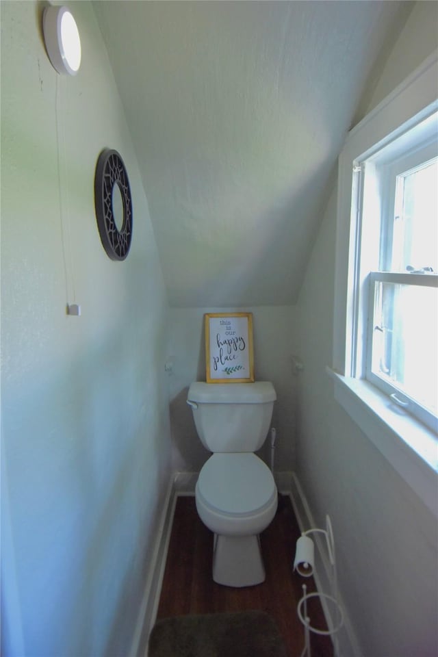 bathroom with baseboards, toilet, lofted ceiling, and wood finished floors