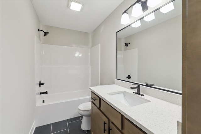 full bathroom with toilet, shower / tub combination, vanity, and tile patterned floors