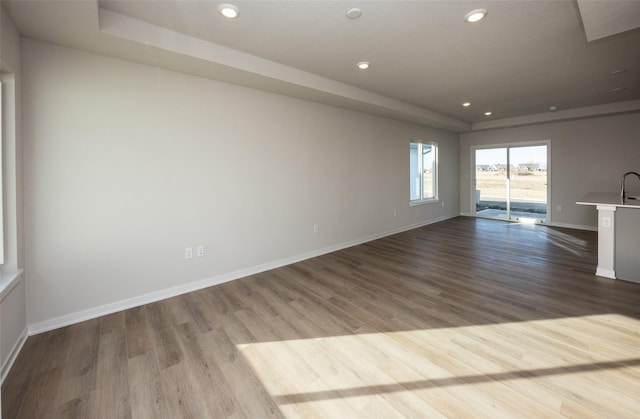 empty room with sink, light hardwood / wood-style floors, and a raised ceiling