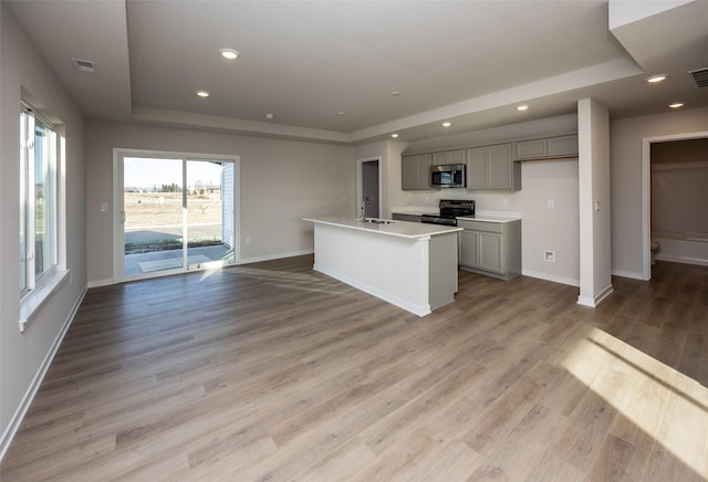 kitchen with sink, electric range, a tray ceiling, gray cabinets, and a kitchen island with sink