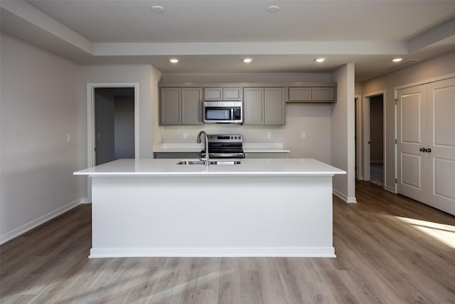 kitchen with appliances with stainless steel finishes, sink, gray cabinets, and an island with sink