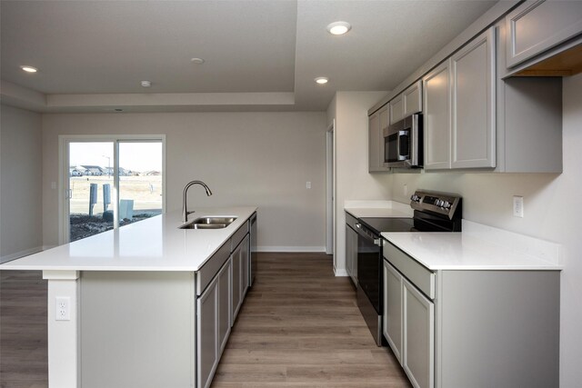 kitchen with sink, gray cabinets, appliances with stainless steel finishes, a kitchen island with sink, and light hardwood / wood-style floors