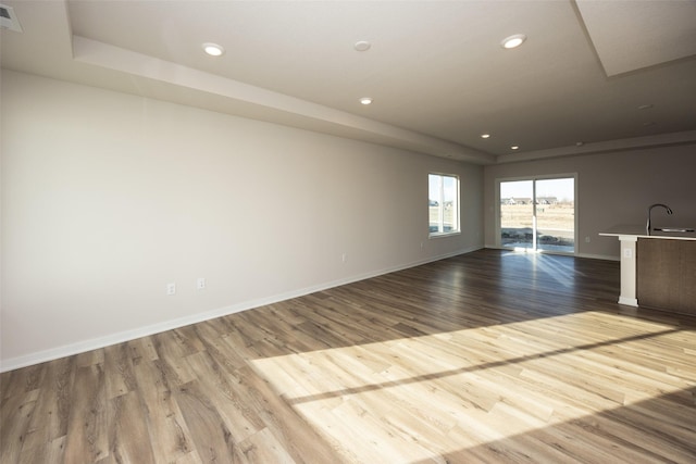 unfurnished room featuring hardwood / wood-style flooring, sink, and a tray ceiling