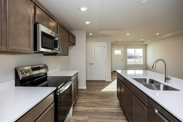 kitchen featuring dark brown cabinetry, sink, light hardwood / wood-style flooring, and appliances with stainless steel finishes