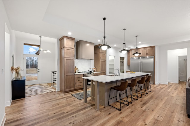 kitchen featuring premium appliances, backsplash, hanging light fixtures, and wall chimney range hood