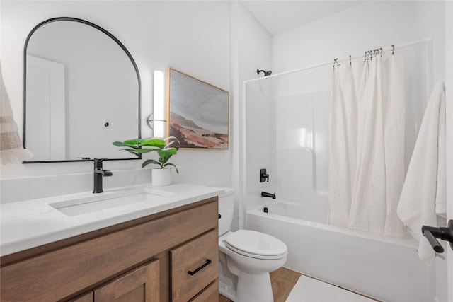 full bathroom featuring shower / bath combination with curtain, vanity, hardwood / wood-style flooring, and toilet