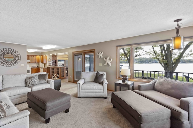 carpeted living room featuring a textured ceiling and a water view