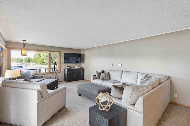 living room with light colored carpet and a textured ceiling