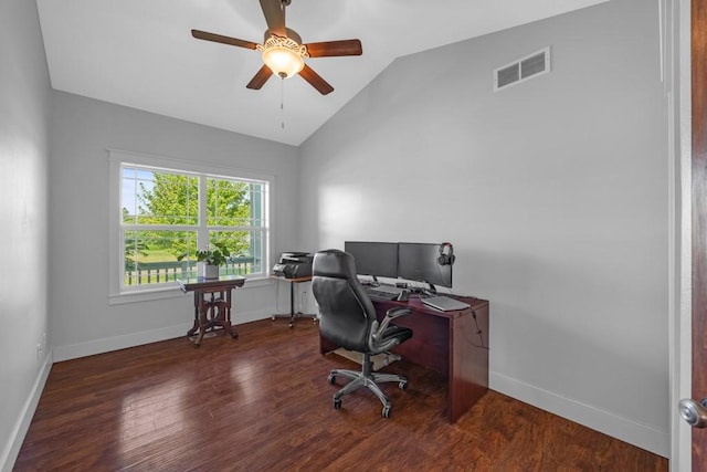 office area featuring lofted ceiling, ceiling fan, wood finished floors, visible vents, and baseboards