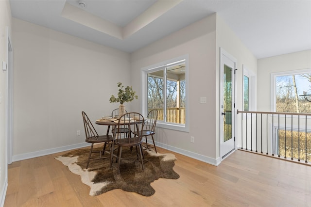 dining area featuring a tray ceiling, light hardwood / wood-style flooring, and a wealth of natural light