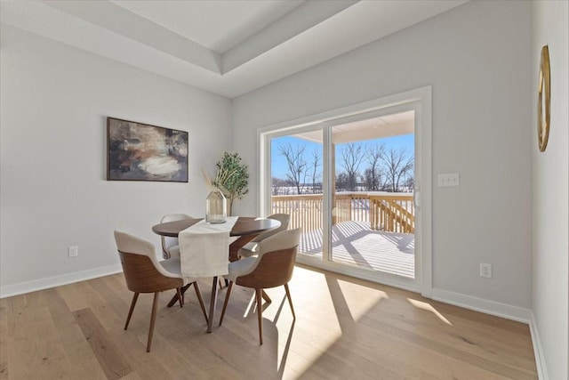 dining space featuring a tray ceiling and light hardwood / wood-style flooring