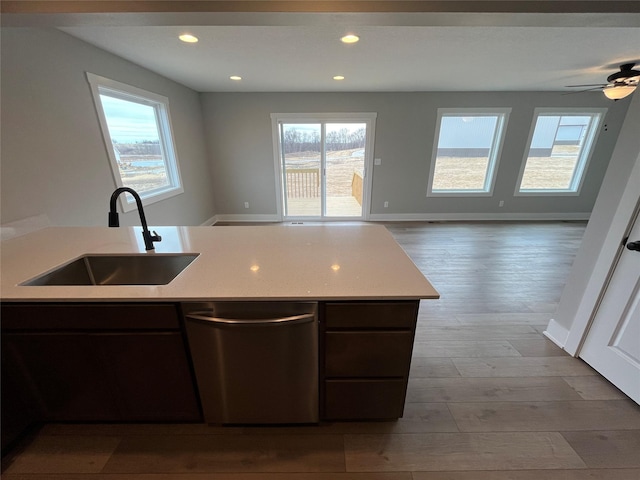 kitchen with dishwasher, light wood-style floors, open floor plan, and a sink