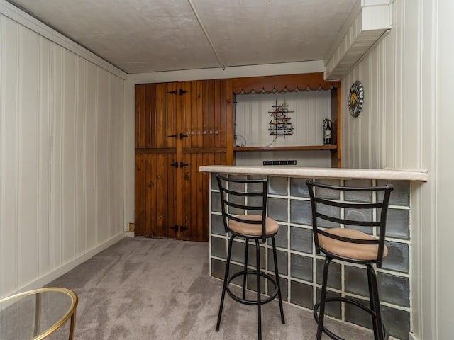 bar featuring carpet floors and wooden walls