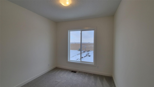 carpeted empty room featuring a textured ceiling and a water view