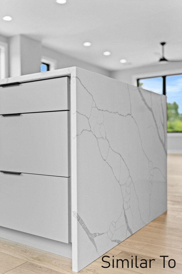 details with ceiling fan, hardwood / wood-style floors, and white refrigerator