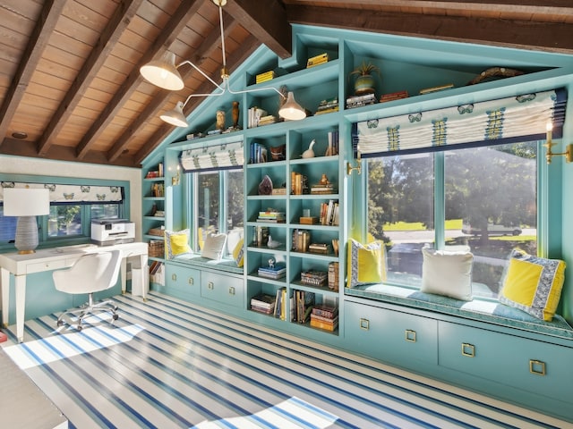 rec room featuring carpet, lofted ceiling with beams, and wooden ceiling