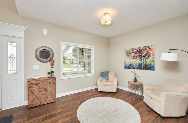 living area with dark wood-type flooring and a textured ceiling