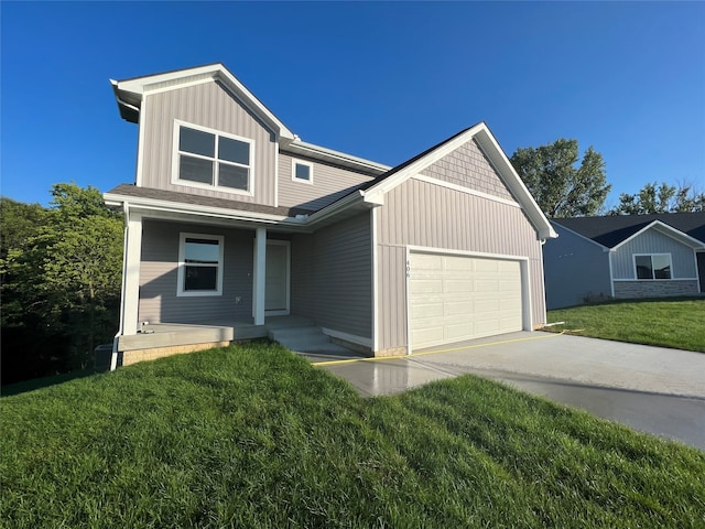 view of front facade with central AC unit, a garage, a porch, and a front lawn