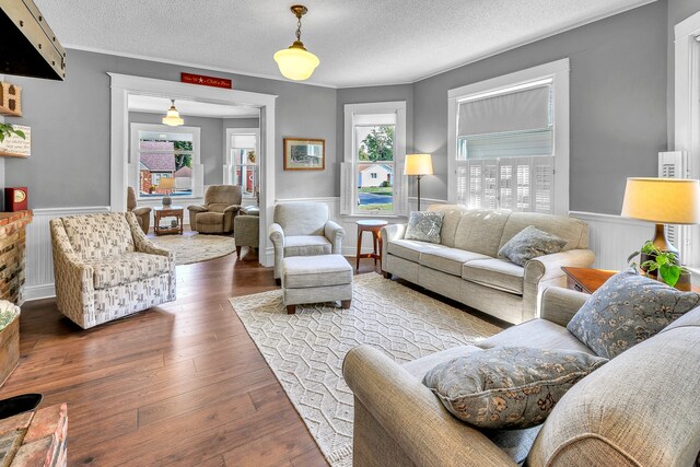 living room featuring a textured ceiling and wood-type flooring