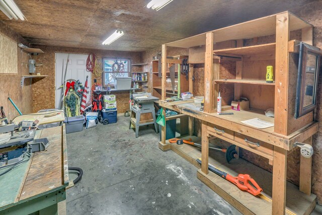 basement with a workshop area