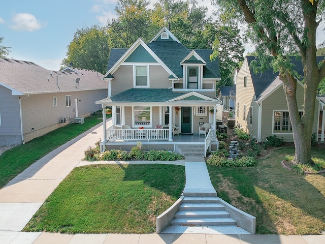 view of front of property with a porch, a front lawn, and central AC unit