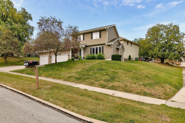 front facade with a front yard and a garage